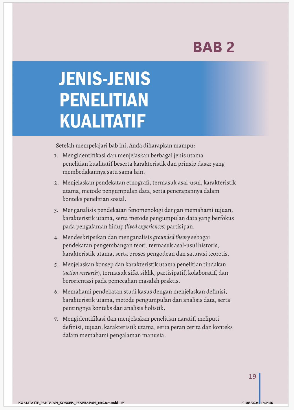 Tujuh capaian belajar yang langsung memetakan isi Bab Jenis Penelitian Kualitatif